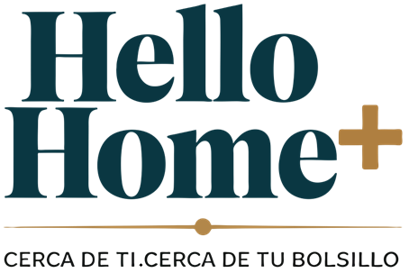 Logo de Hello Home+ con tipografía moderna en azul y símbolo dorado. Representa una tienda online cercana elegante y accesible,que ofrece todo lo que necesitas, a un clic, al precio justo, y siempre cerca de ti.