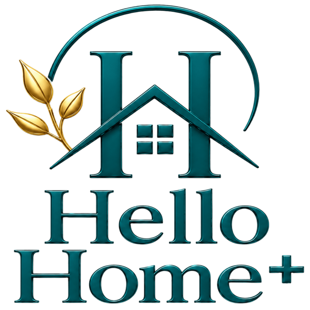 A digital logo featuring a stylized teal letter H with a house roof and window motif, a gold leaf branch on the left, and the text 'Hello Home+' below on a white background.